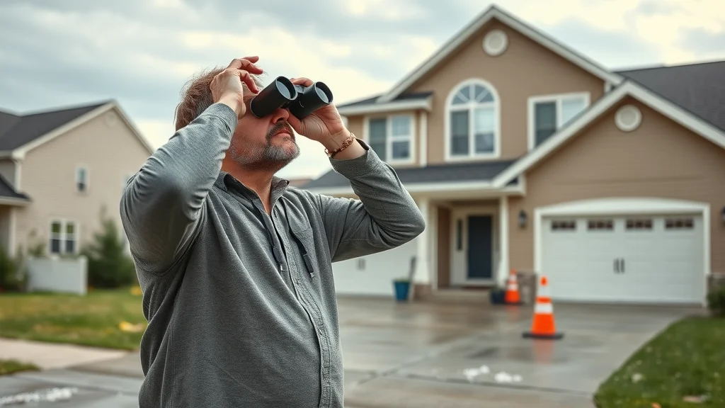 Sad homeowner visually inspects property after a hailstorm in Plymouth MN—suburban scene with scattered hailstones and storm damage.