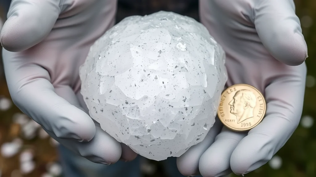Gloved hands holding a massive six-inch hailstone in Minnesota after a severe hail storm—size comparison with a coin.